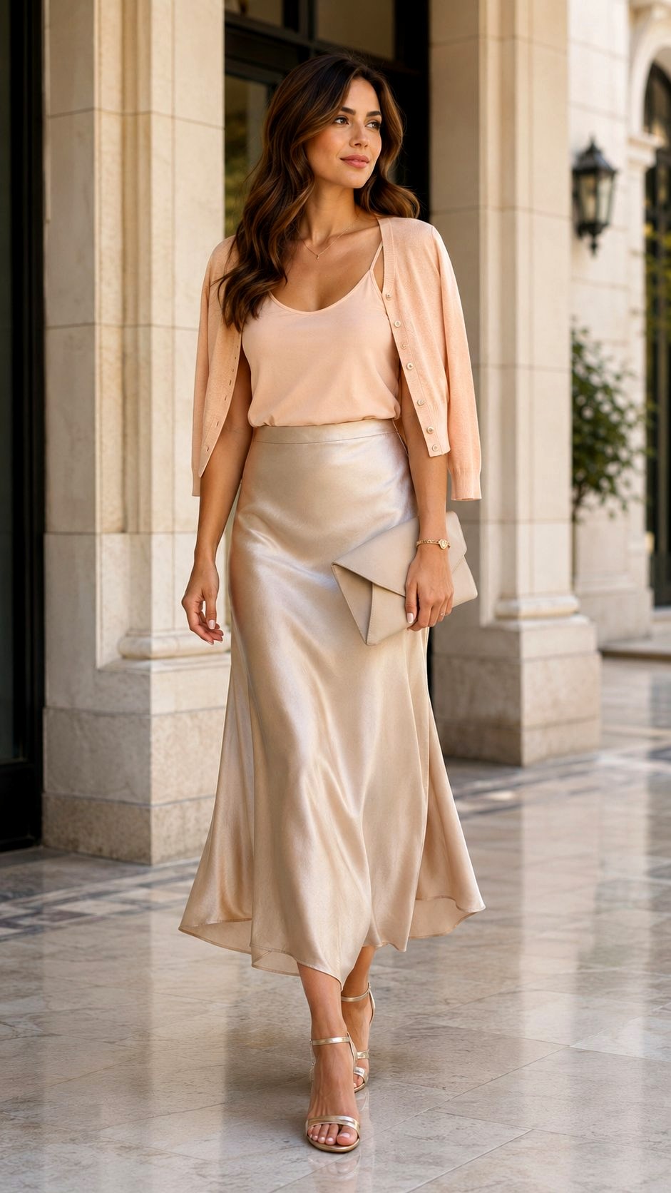 Peach cream tank top with Elegant Silk Slip Skirt Pairing - 20 Peach Cream Tank Top Outfit Ideas