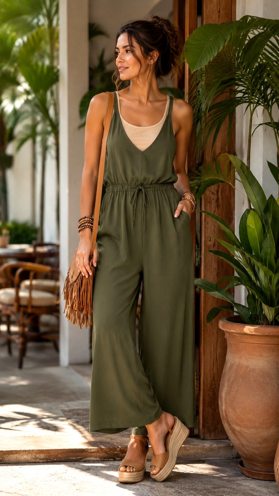 Peach cream tank top with Relaxed Wide Leg Olive Jumpsuit Layer - 20 Peach Cream Tank Top Outfit Ideas