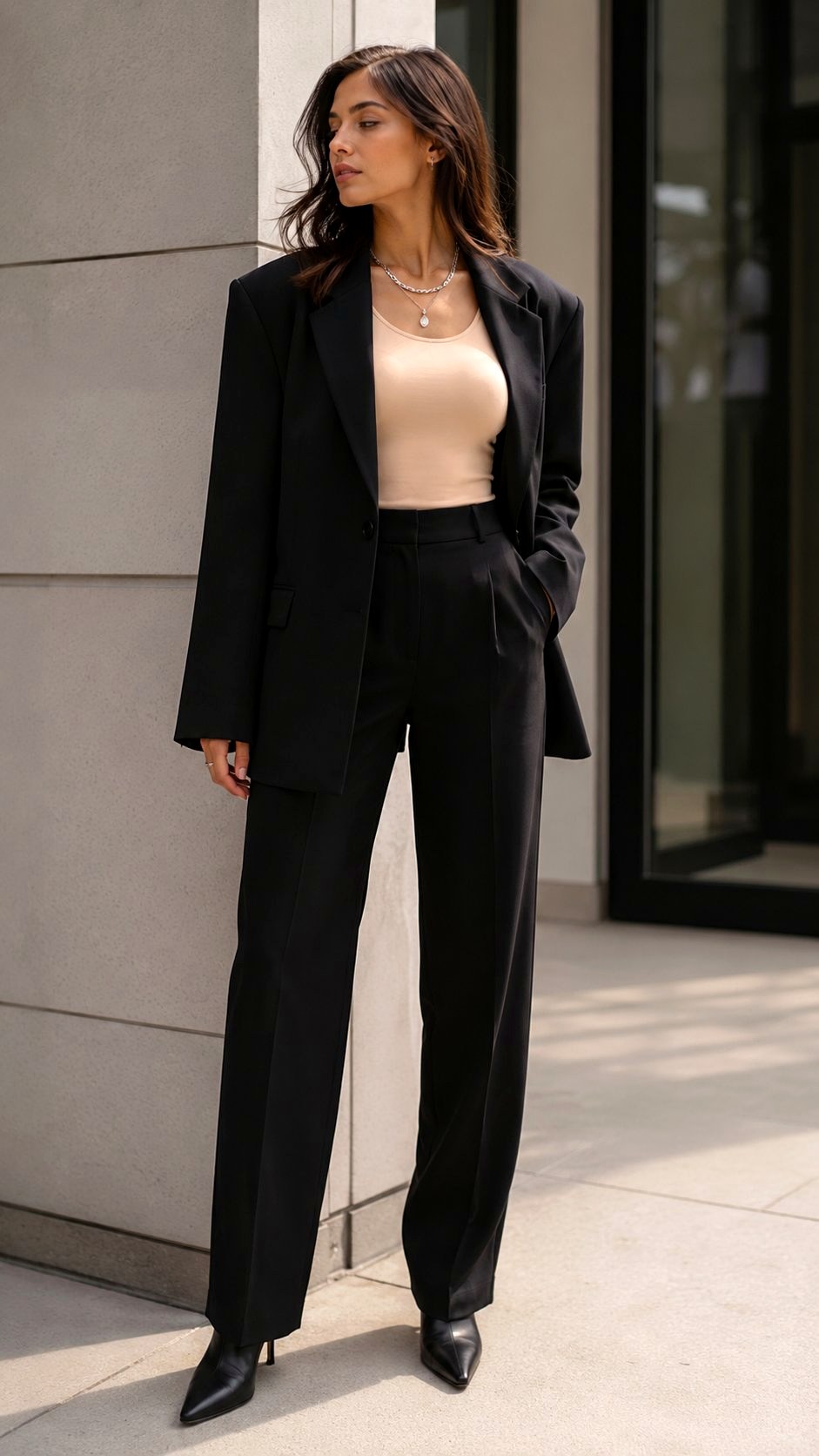 Peach cream tank top with Sharp Black Blazer Power Suit Look - 20 Peach Cream Tank Top Outfit Ideas