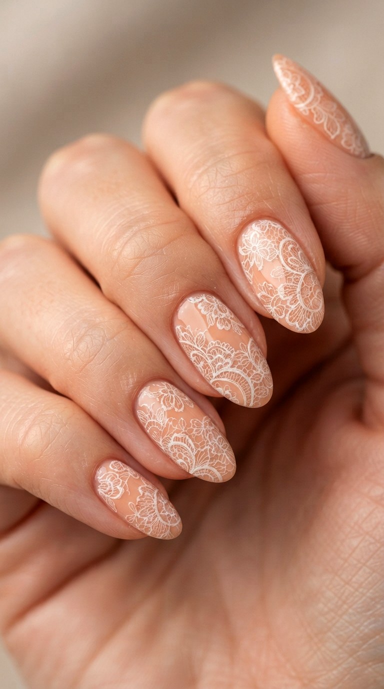 Peachy Nude Lace Details - 22 lace nail art ideas