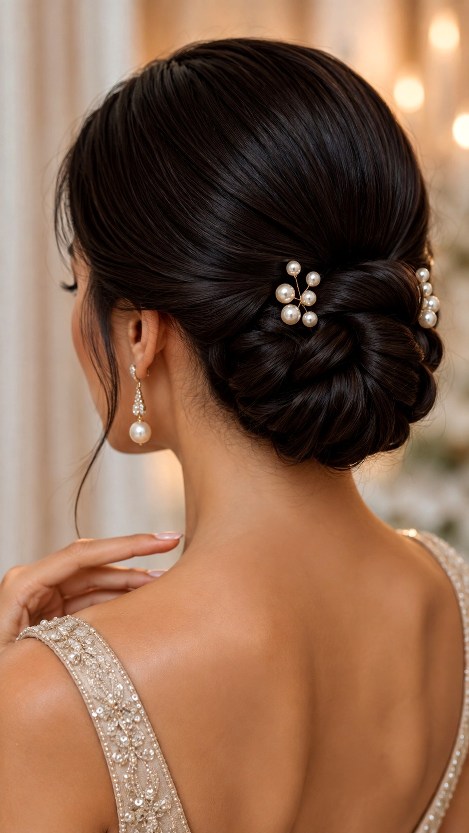 Pearl Accented Low Chignon Bun - 23 elegant bun hairstyles classy ideas