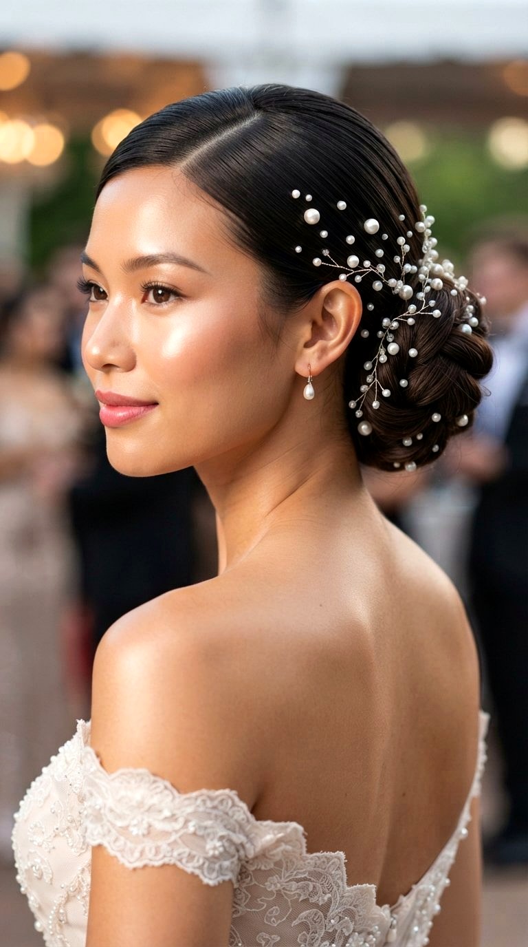Pearl Embellished Low Bun Prom Updo - 20 low bun prom hairstyles ideas