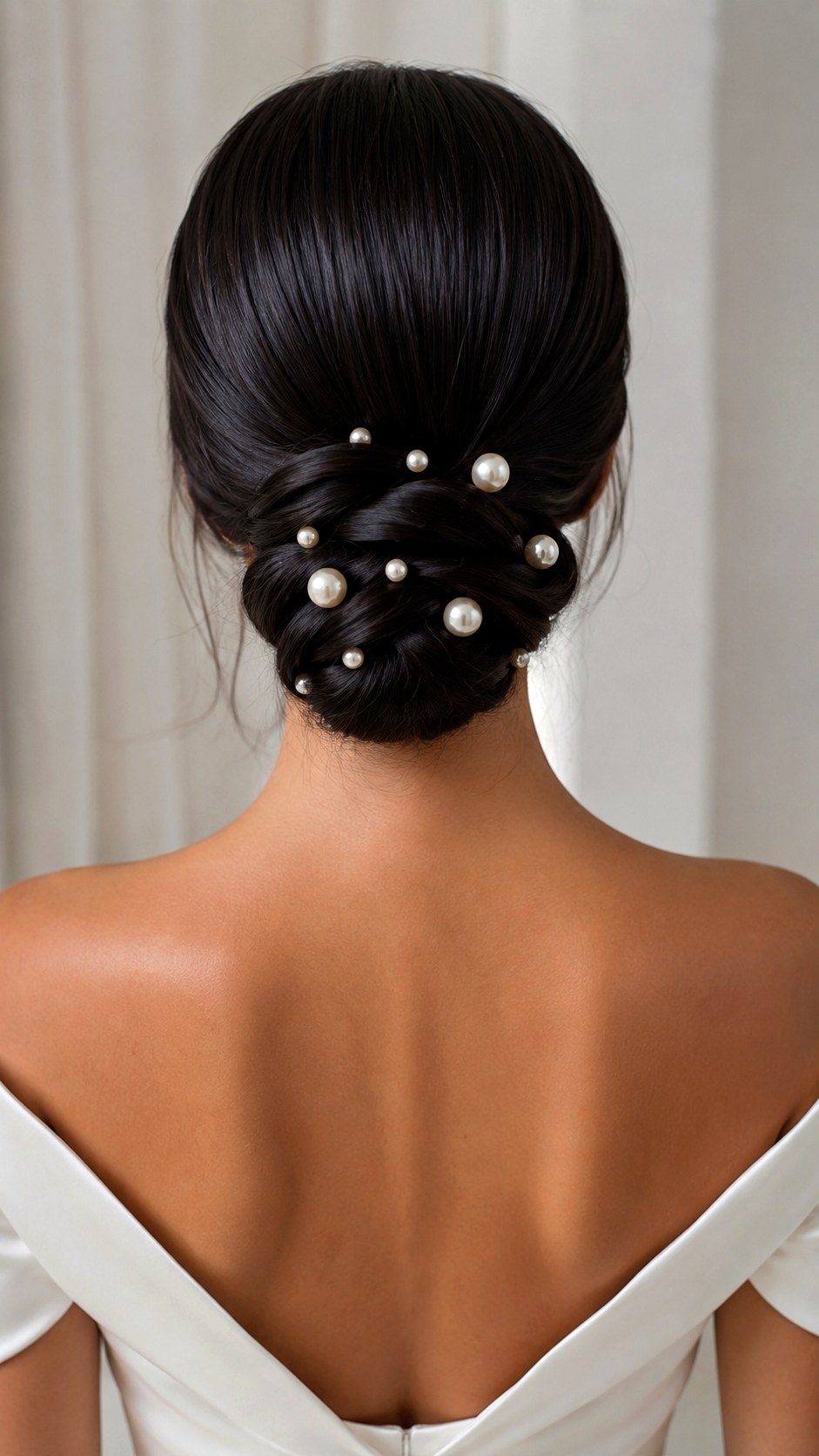 Pearl Embellished Low Bun Wedding Style - 25 low bun hairstyles wedding ideas