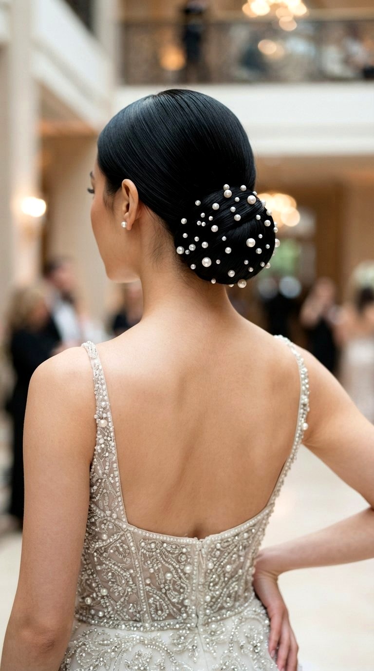 Pearl Embellished Mid Back Bun - 20 prom bun hairstyles ideas
