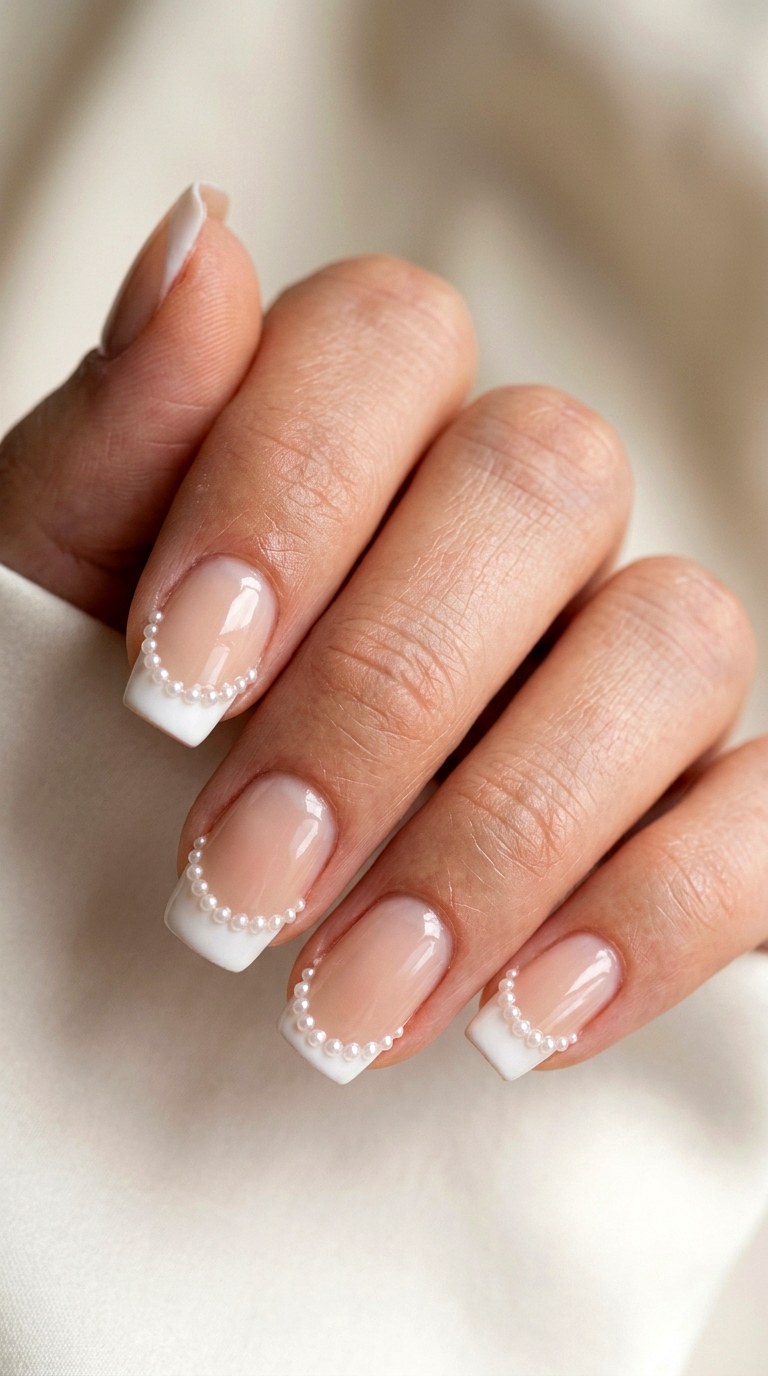 Pearl Embellished Thin French Tip - 23 thin french tip nail art designs