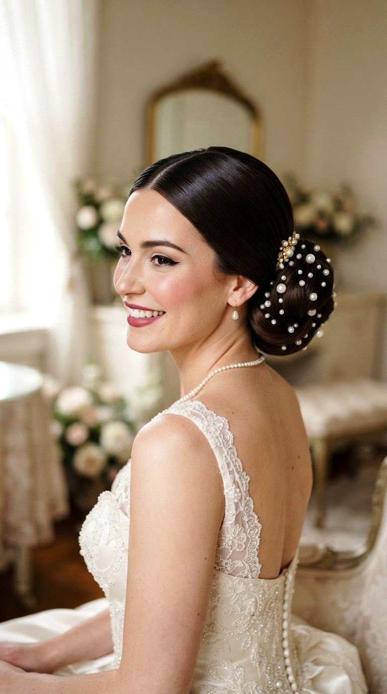 Pearl Embellished Tucked Low Bun - 20 low bun hairstyles ideas