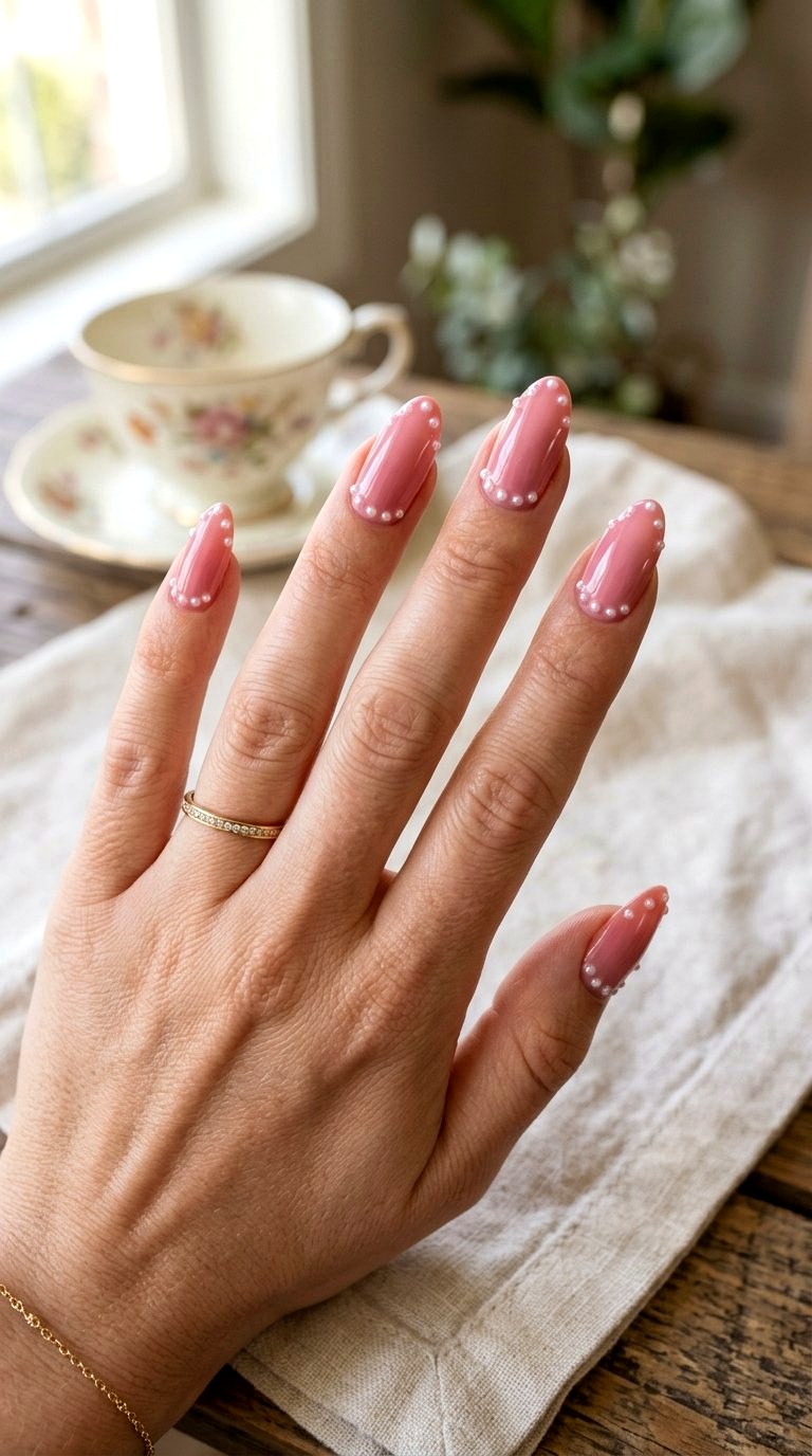 Pearl Stud Embellished Rose Nails - 20 Desert Rose Pink Nail Ideas