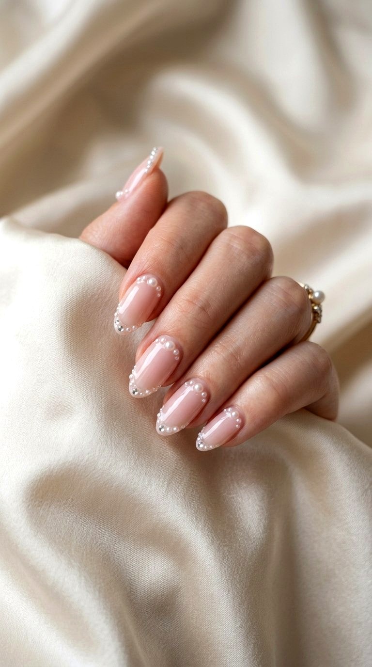 Pearl Studded Medium Almond Summer Nails - 20 Medium Almond Summer Nails