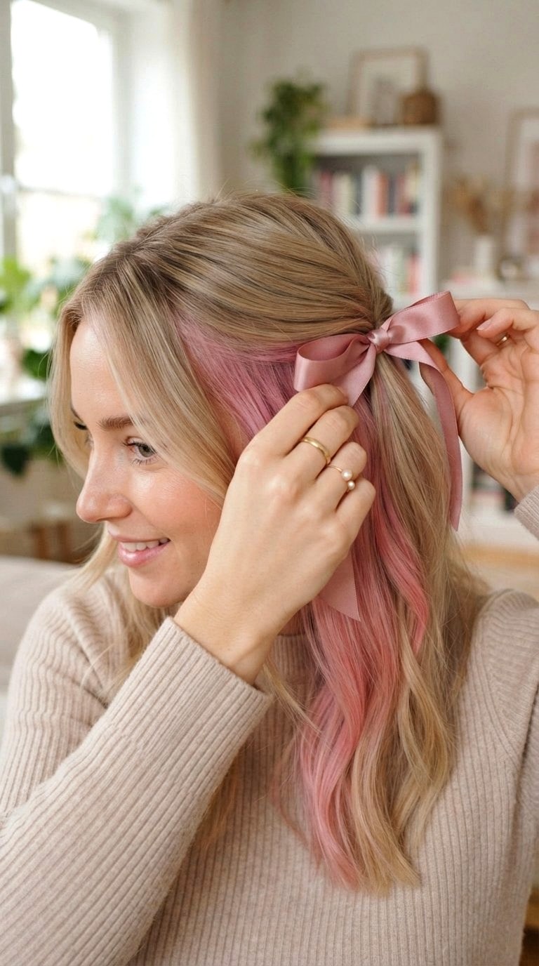 Peekaboo Pastel Pink on Half Up Style - 21 long hair color ideas