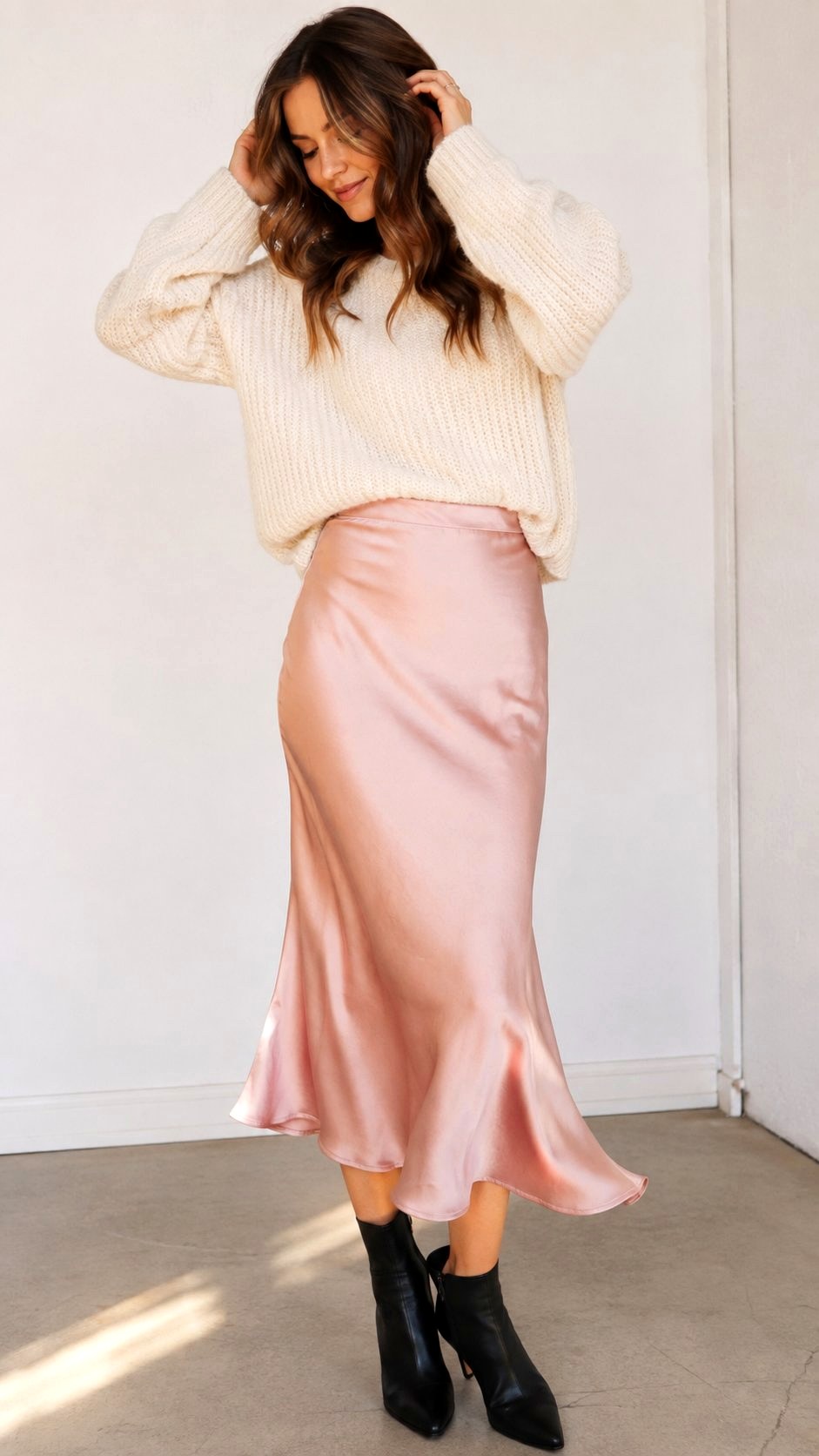 Pink Satin Slip Skirt and Chunky Knit - 23 pink color combination outfit ideas