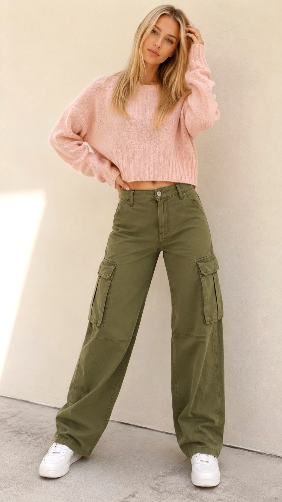 Pink and Olive Green Utility Ensemble - 23 pink color combination outfit ideas