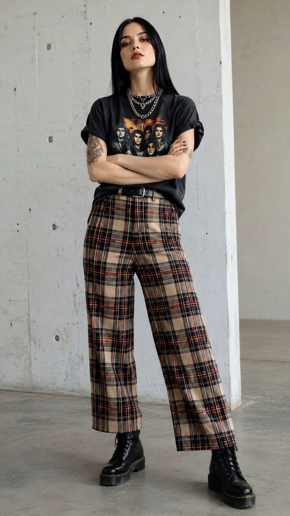 Plaid Trousers With Graphic Band Tee - 23 printed trousers outfit ideas