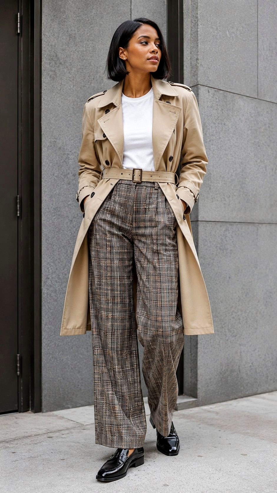 Plaid Trousers With Trench Coat - 23 printed trousers outfit ideas
