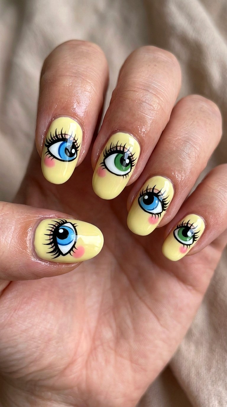 Playful Retro Cartoon Eyes Nails - 24 teen nail art ideas