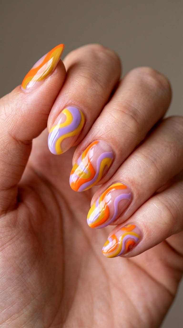 Playful Retro Swirl Negative Space - 23 back to school nail art ideas