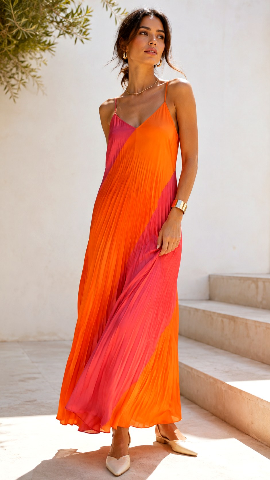 Pleated Design and Minimal Jewelry - 25 Orange & Pink Slip Dress Ideas