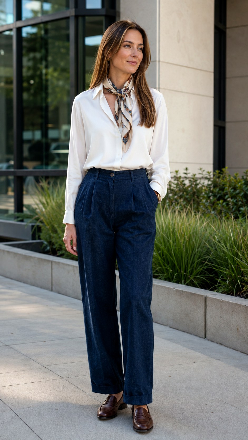 Pleated Jeans Silk Scarf Detail - 20 elegant jean outfit ideas