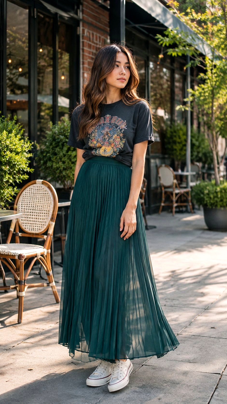 Pleated Maxi Skirt and Graphic Tee - 22 Summer Outfit Ideas