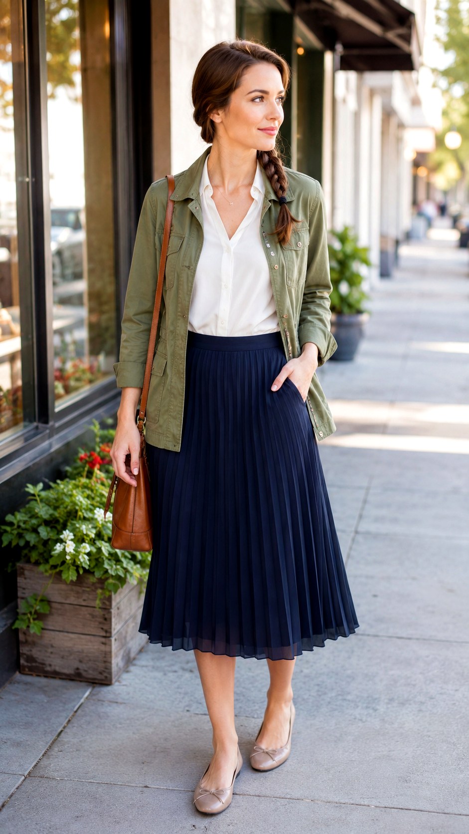 Pleated Skirt Field Jacket Look - 25 field jacket outfit ideas