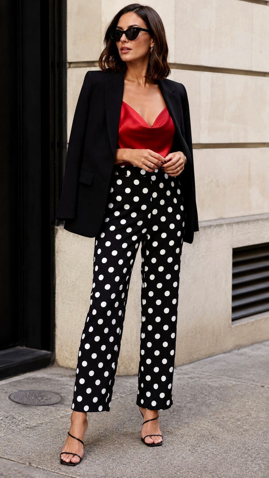 Polka Dot Trousers With Red camisole - 23 printed trousers outfit ideas