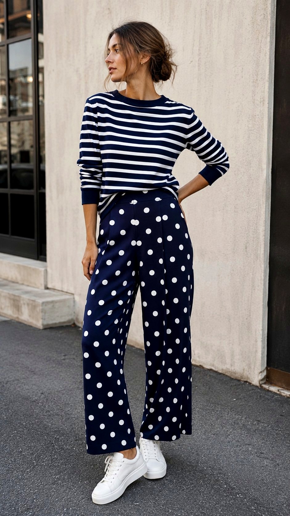 Polka Dot Trousers With Stripe Knit - 23 printed trousers outfit ideas