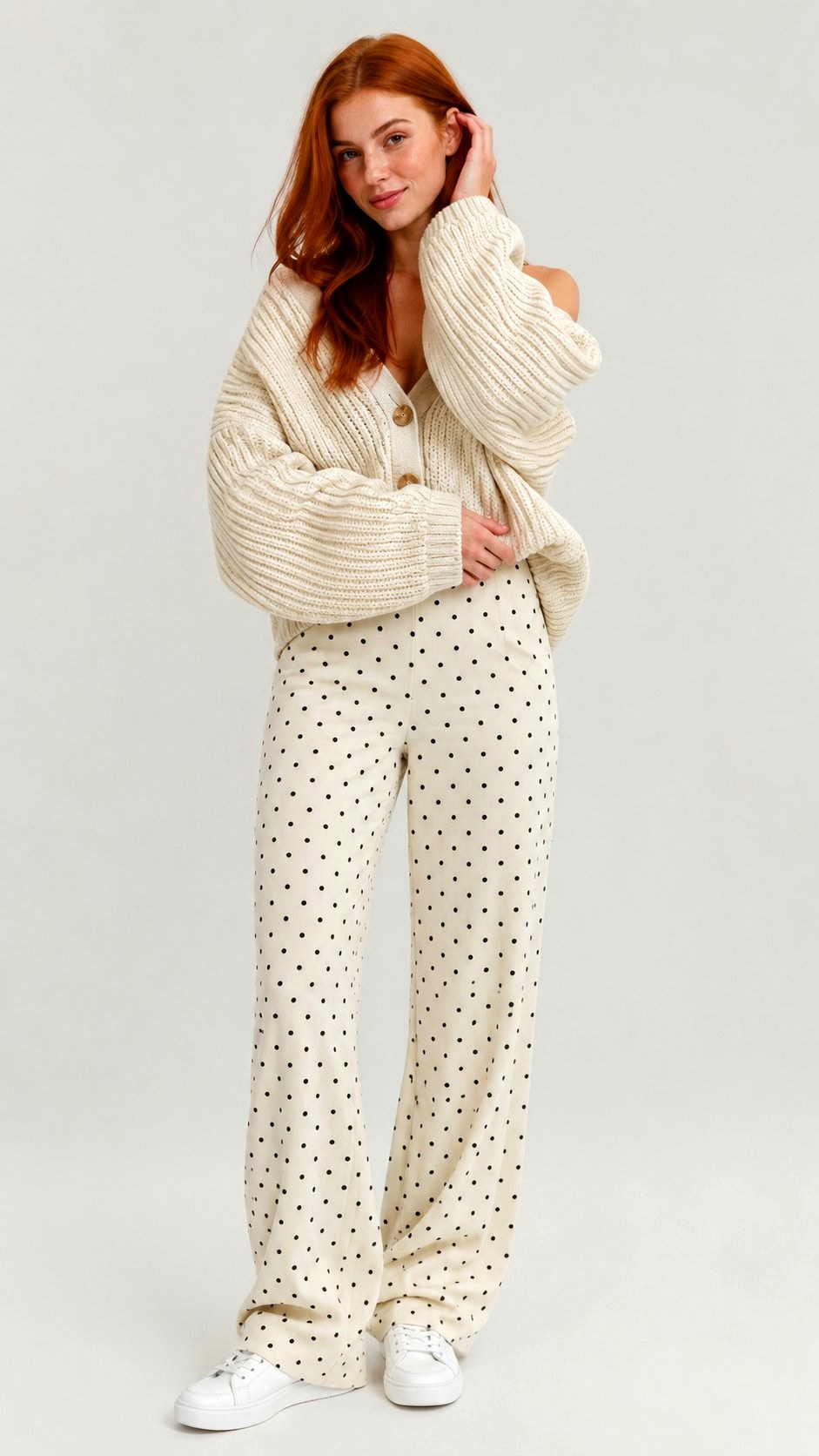 Polka Dot Trousers with Cardigan - 23 printed pants style ideas