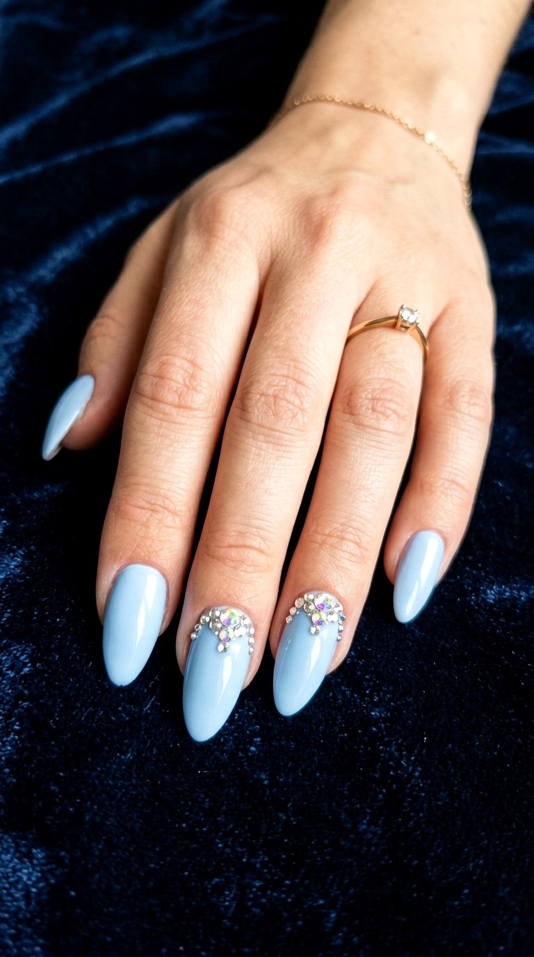 Powder Blue Almond With Rhinestones - 24 Powder Blue Gel Nail Ideas