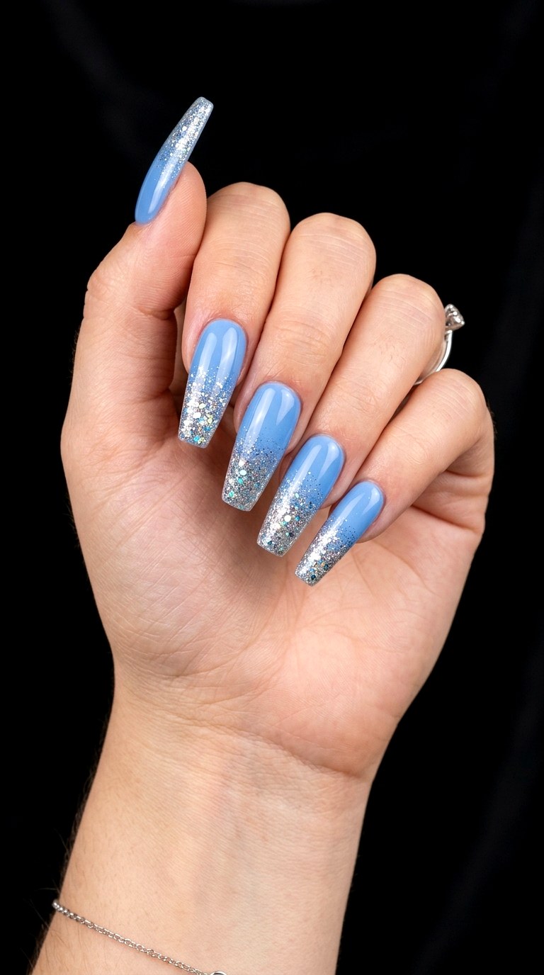 Powder Blue And Silver Glitter Ombre - 24 Powder Blue Gel Nail Ideas