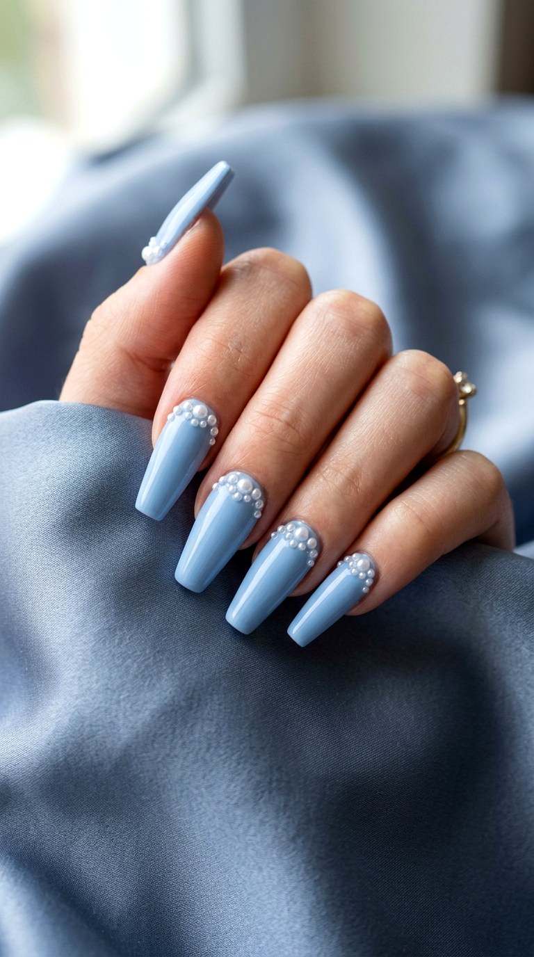 Powder Blue Coffin Nails With Pearls - 24 Powder Blue Gel Nail Ideas
