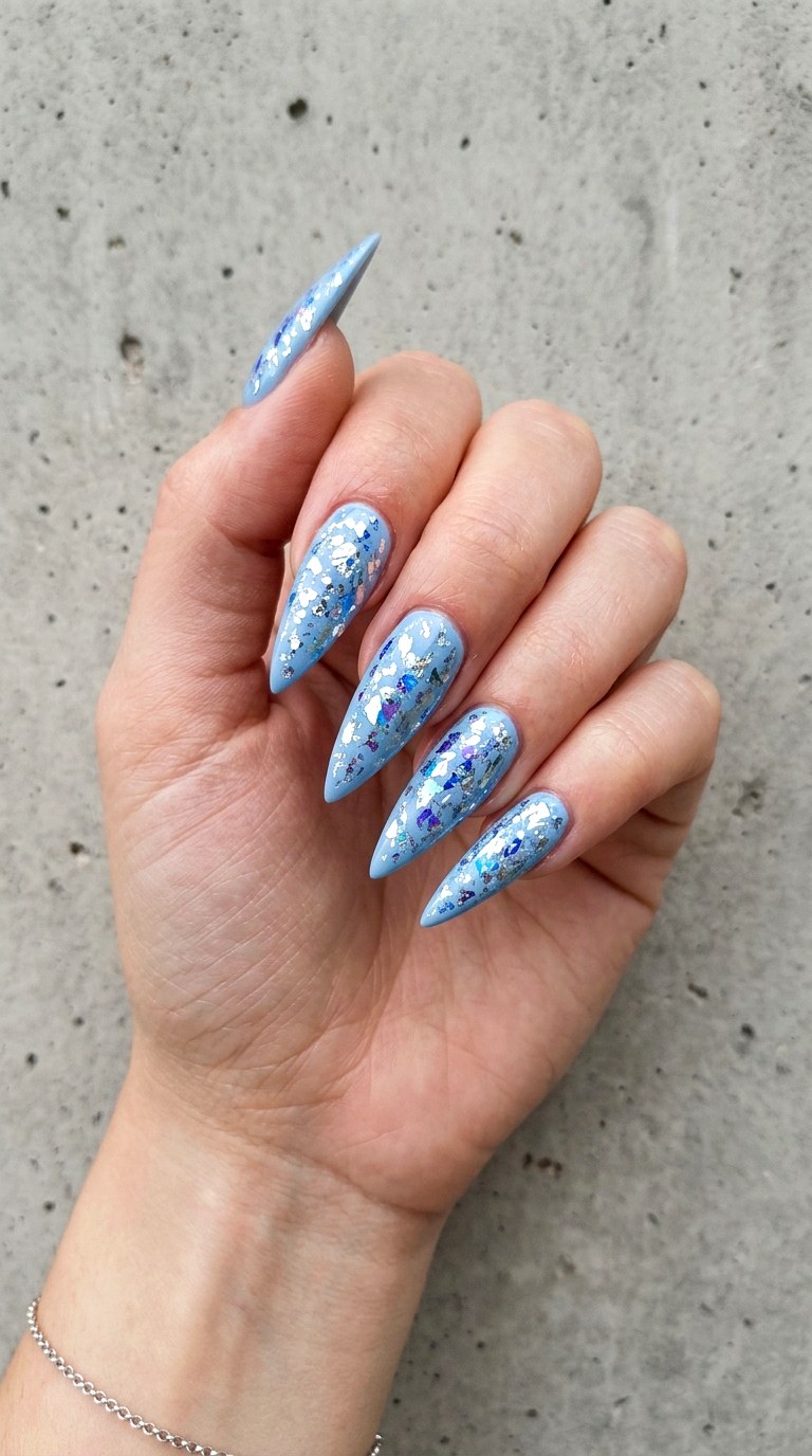 Powder Blue Stiletto With Foil Accents - 24 Powder Blue Gel Nail Ideas