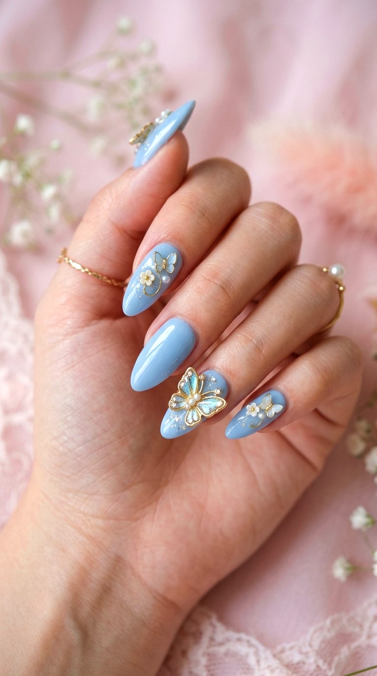 Powder Blue With Butterfly Charms - 24 Powder Blue Gel Nail Ideas