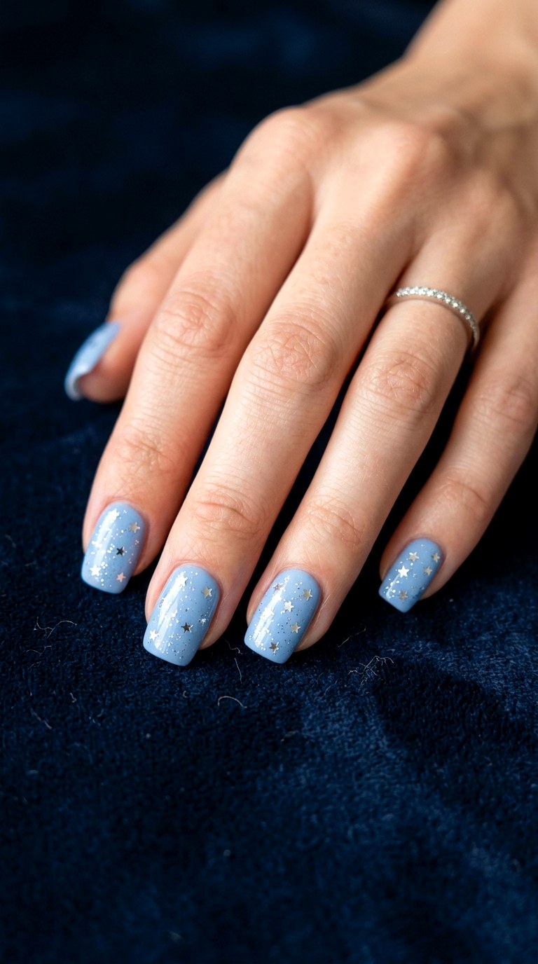 Powder Blue With Silver Star Confetti - 24 Powder Blue Gel Nail Ideas