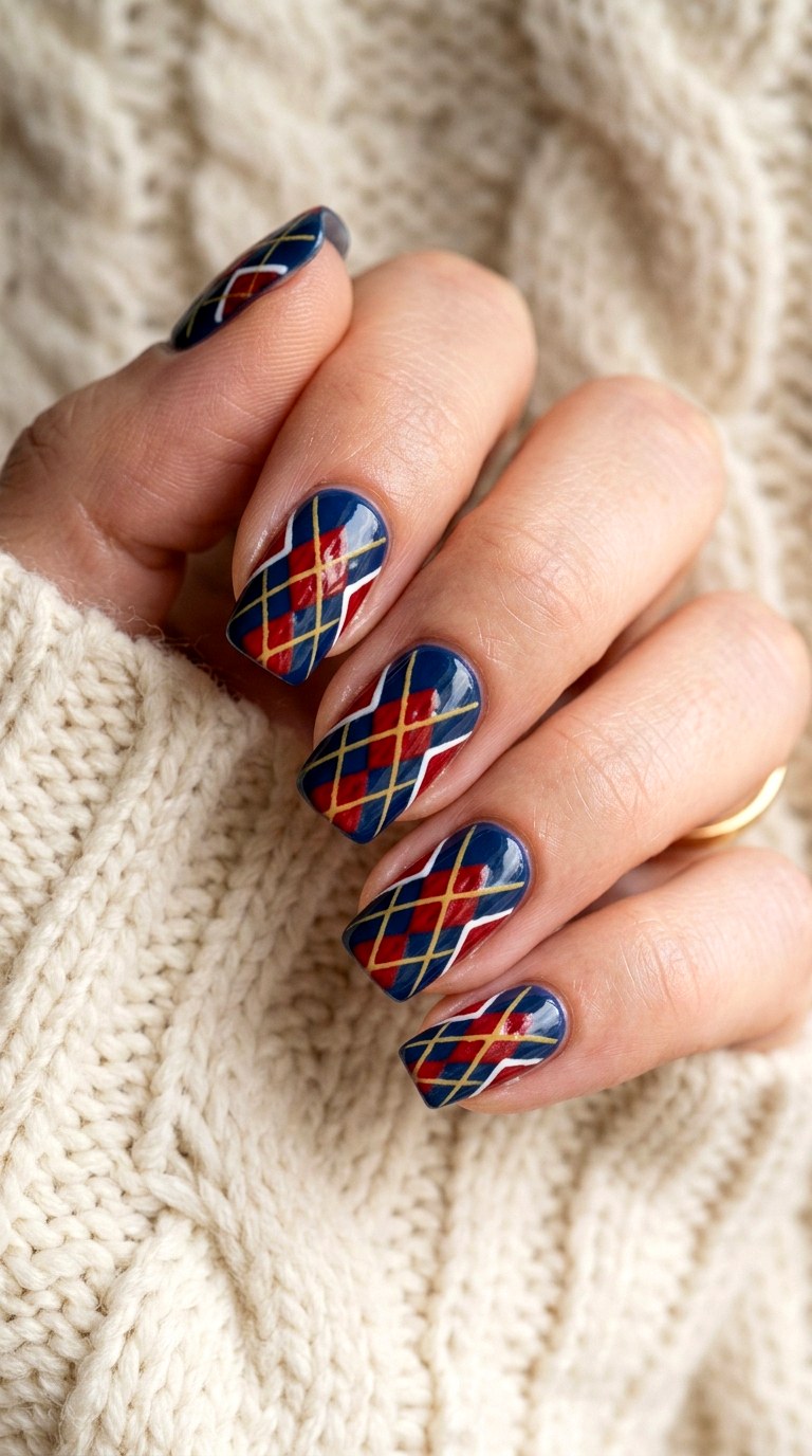 Preppy Argyle Sweater Knit Nails - 24 teen nail art ideas