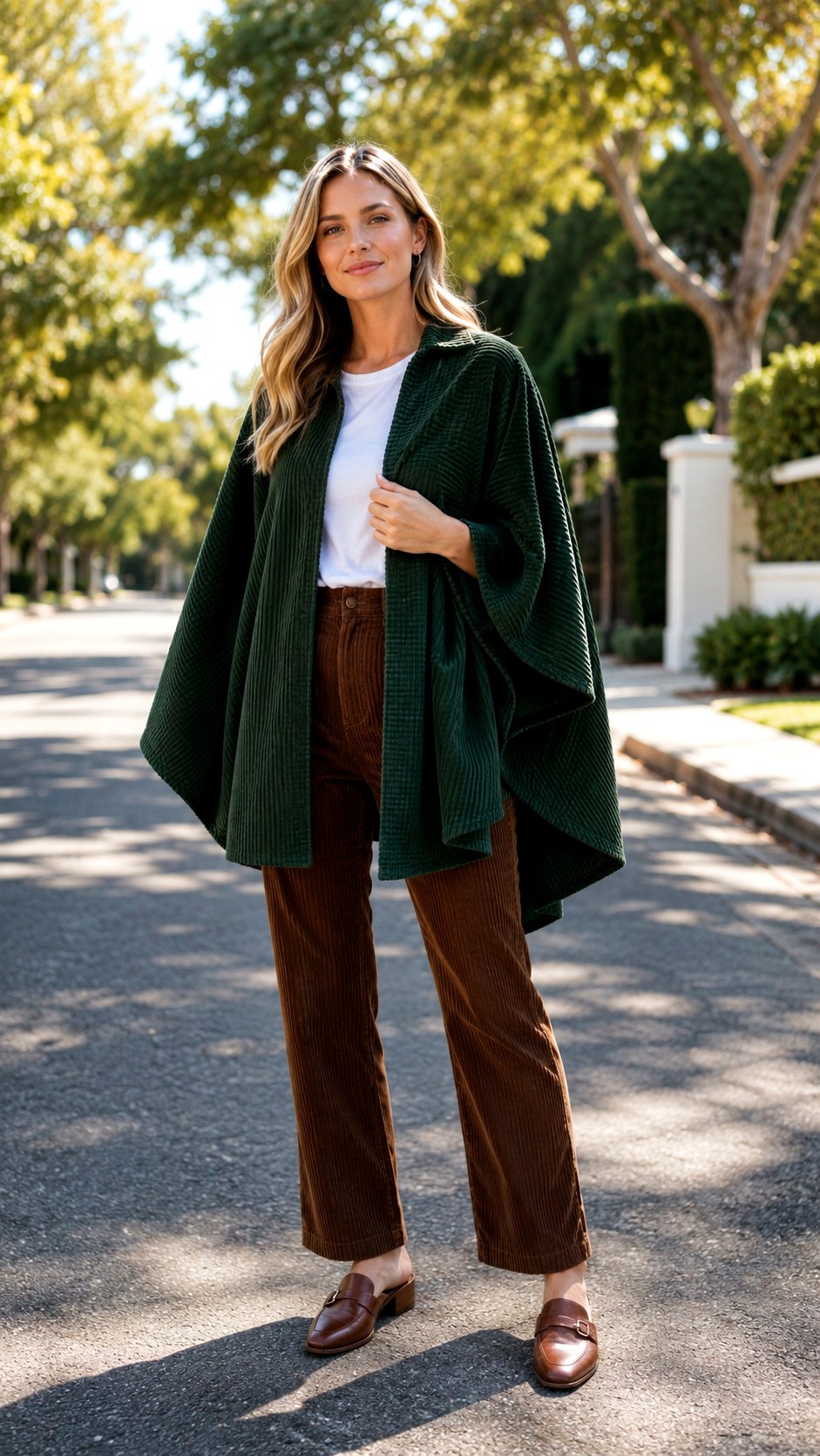 Preppy Corduroy Poncho Cape Outfit Ideas - 24 pleated trouser outfit ideas