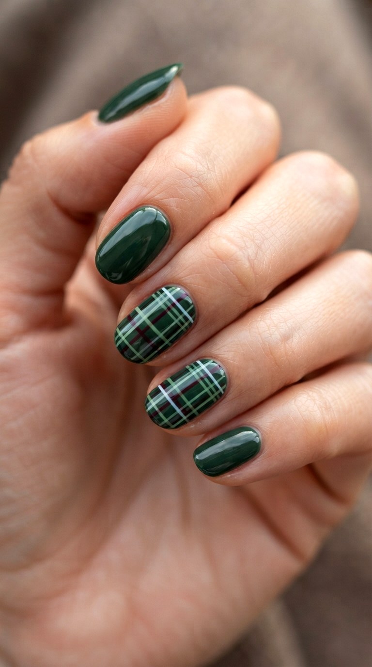 Preppy Green Plaid Accent Nails - 22 teen back to school nail art designs