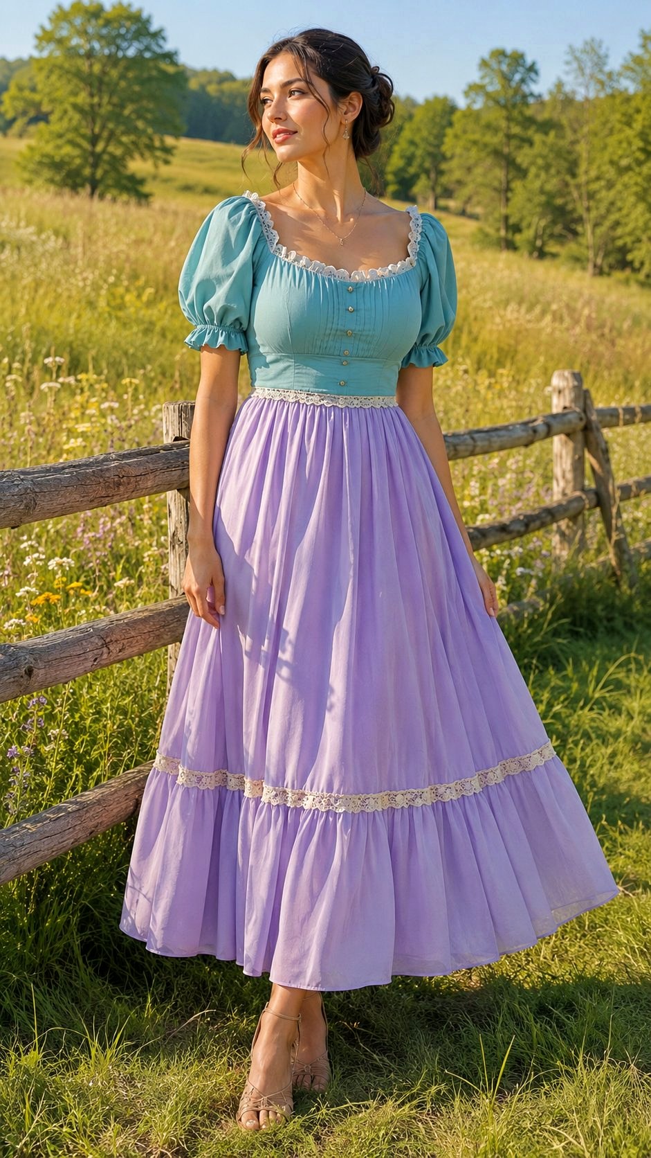 Puff Sleeve Teal and Lilac Prairie Dress - 22 Teal & Lilac Sundress Ideas