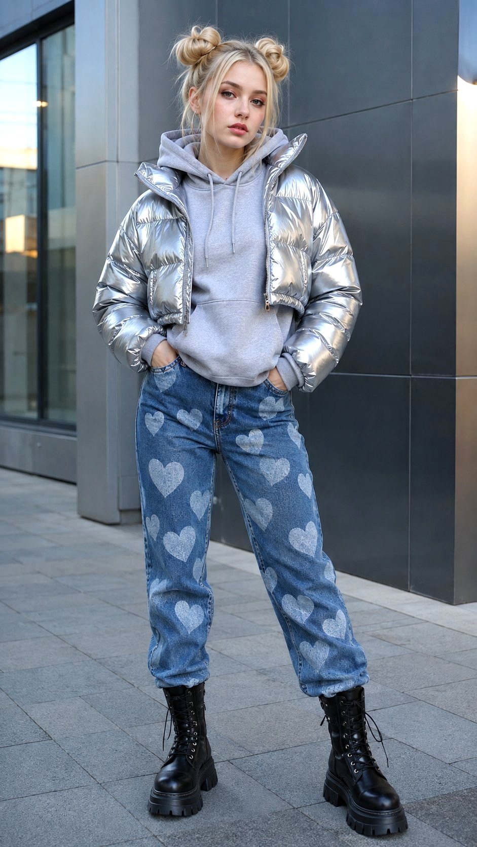 Puffer Jacket and Heart Print Jeans - 20 printed jeans ideas