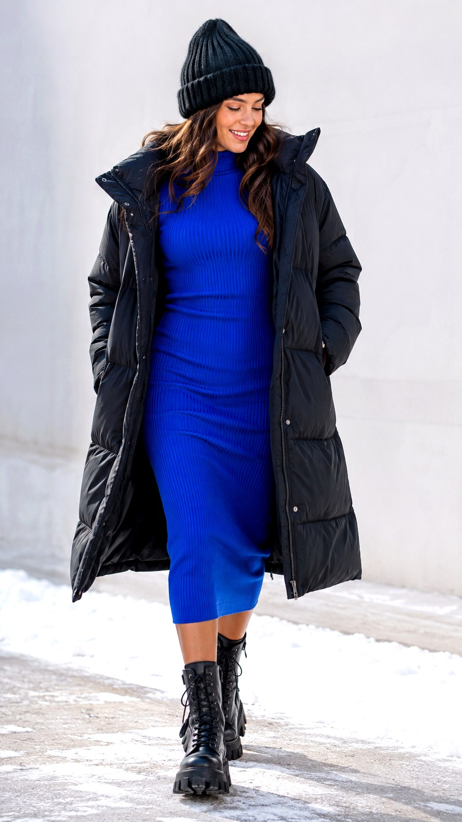 Puffer Jacket and Lug Sole Boots - 25 Cobalt Blue Dress Outfit Ideas
