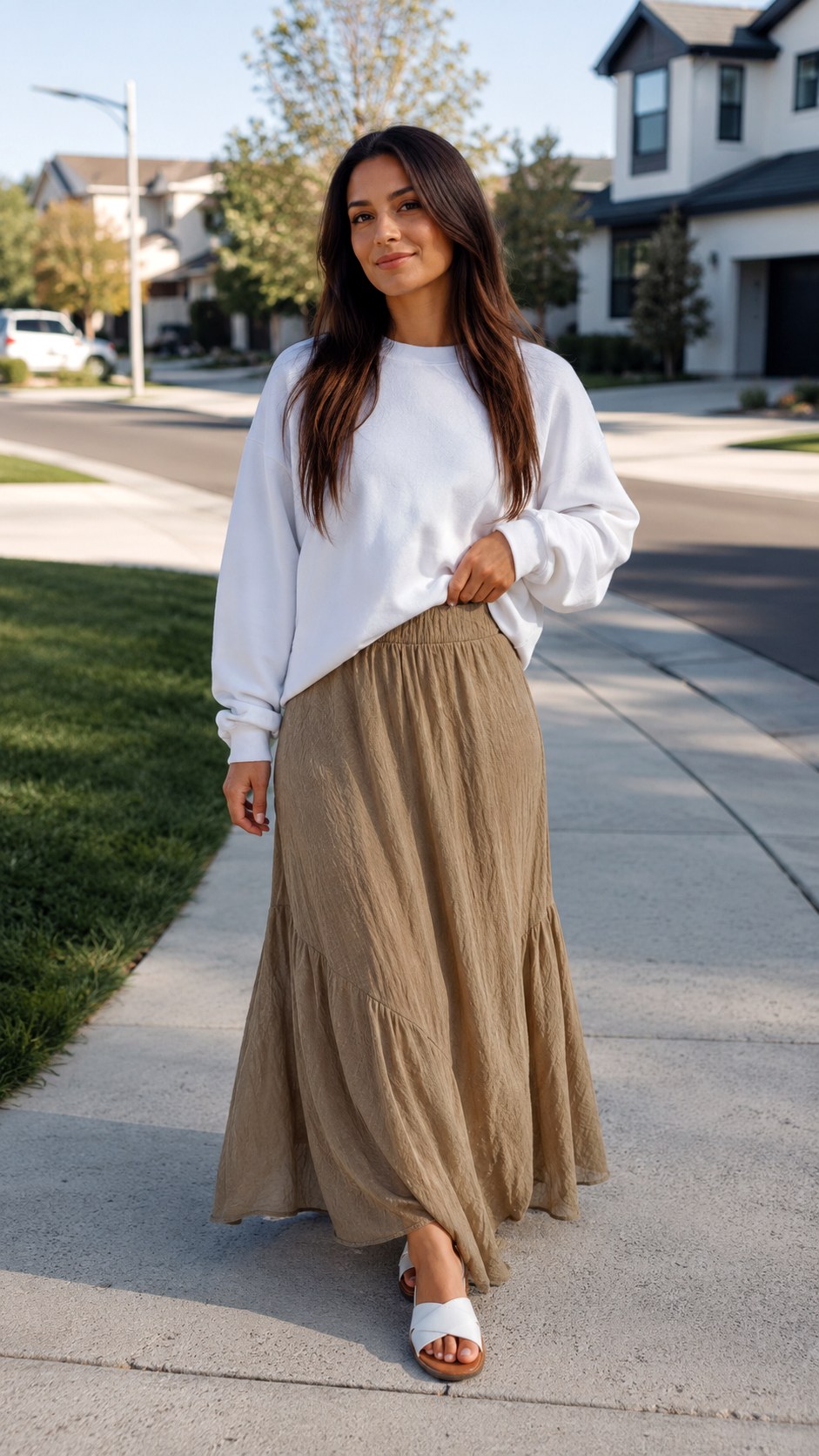 Relaxed White Sweatshirt Over A Maxi Skirt - 20 white sweatshirt outfit ideas