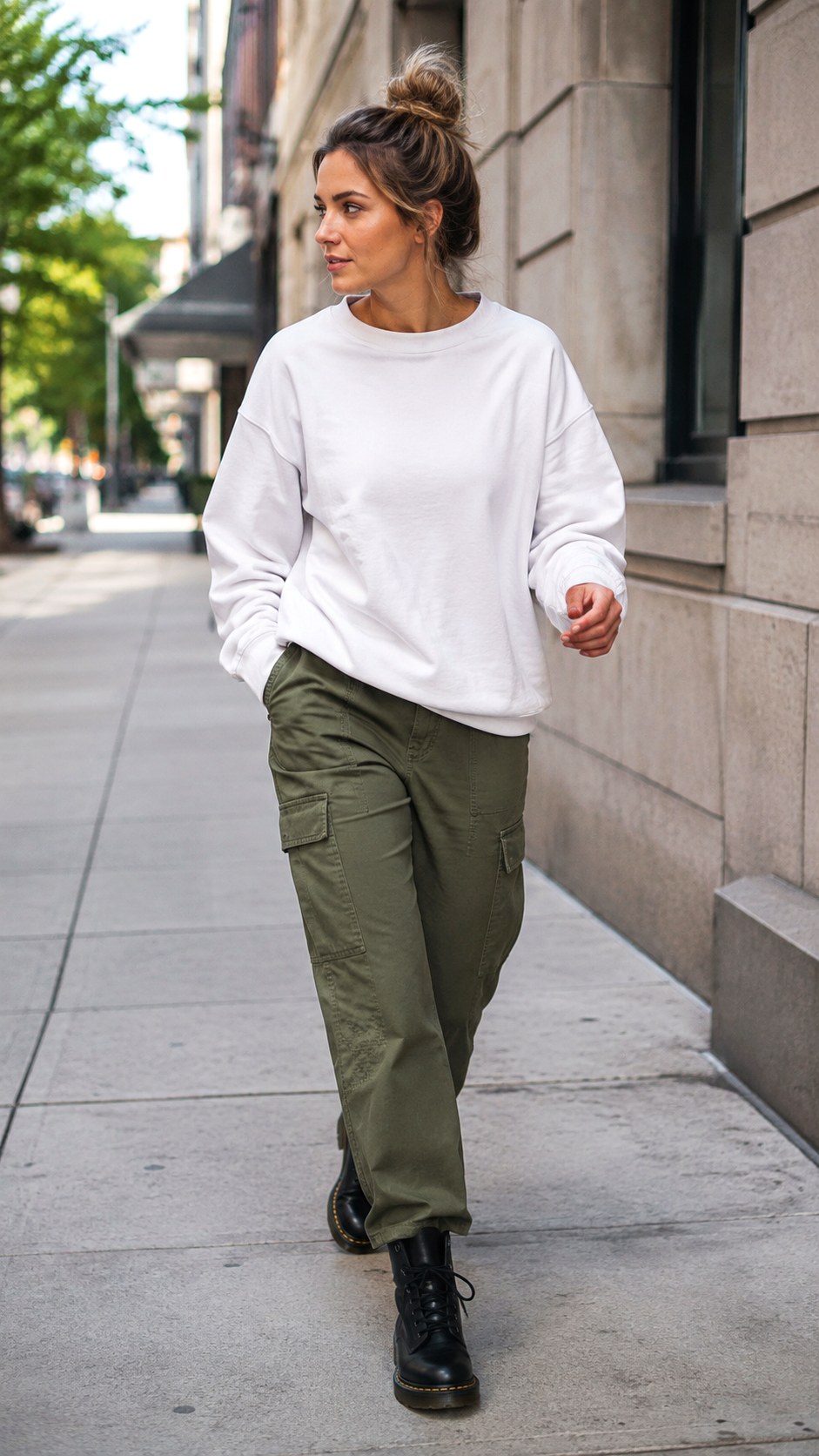 Relaxed White Sweatshirt Over Cargo Pants - 20 white sweatshirt outfit ideas