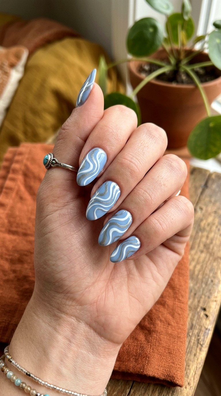 Retro s Wavy Powder Blue Art - 24 Powder Blue Gel Nail Ideas