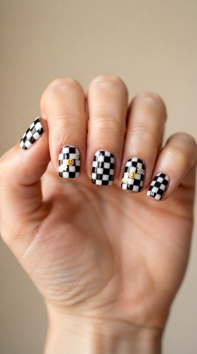 Retro s Checkered Pattern Nails - 22 teen back to school nail art designs
