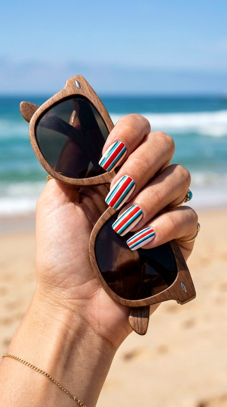 Retro Surfboard Stripe Motifs - 20 Summer Acrylic Nail Art Ideas