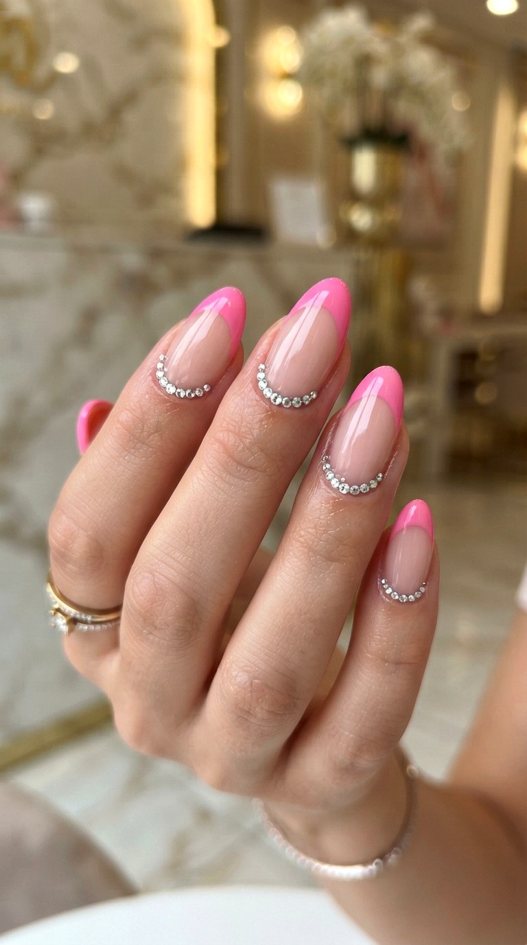Rhinestone Bright Pink French Nails - 22 bright pink french nails