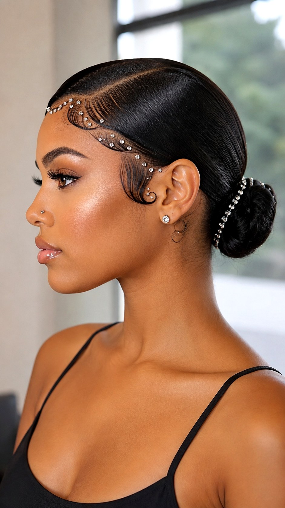 Rhinestone Edge Low Sleek Bun - 23 low bun prom hairstyles ideas