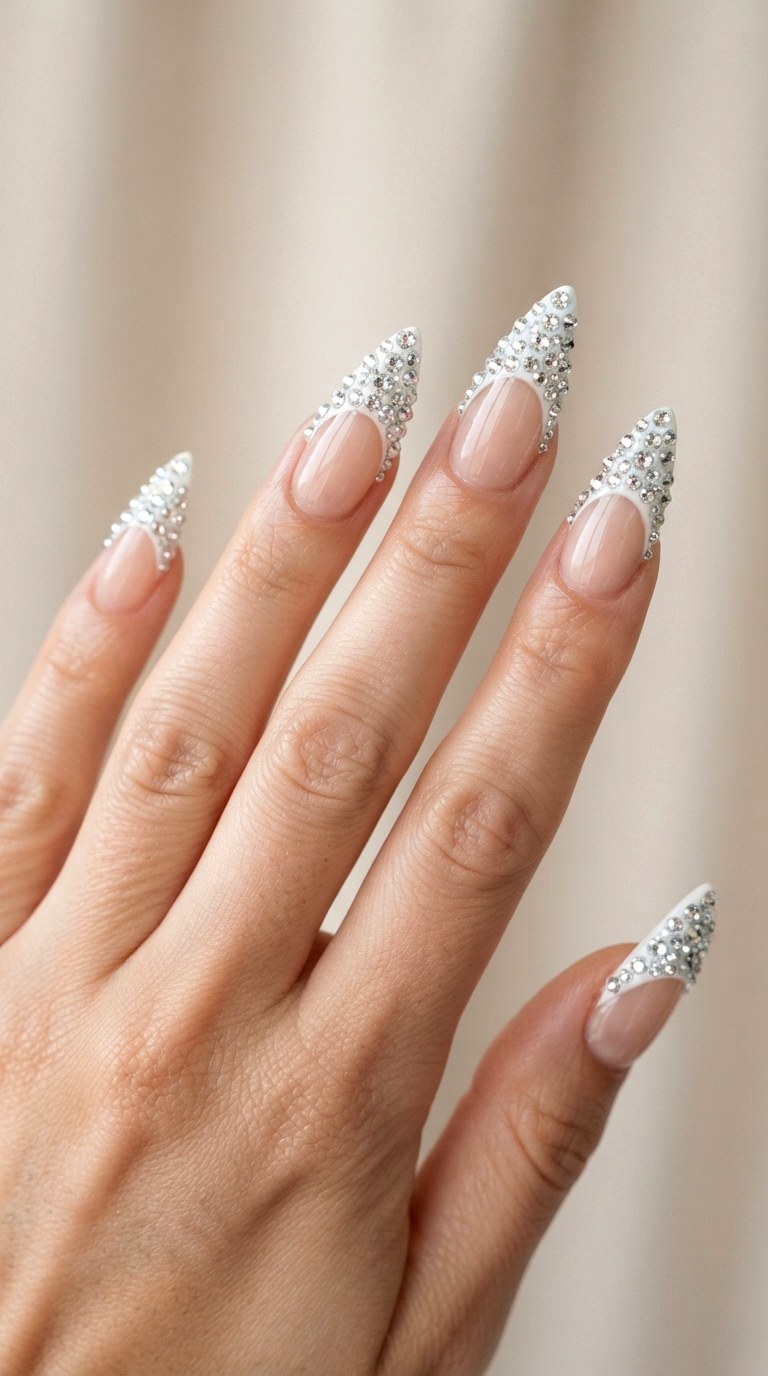 Rhinestone Encrusted French Tip Art - 24 thick french tip nail art designs