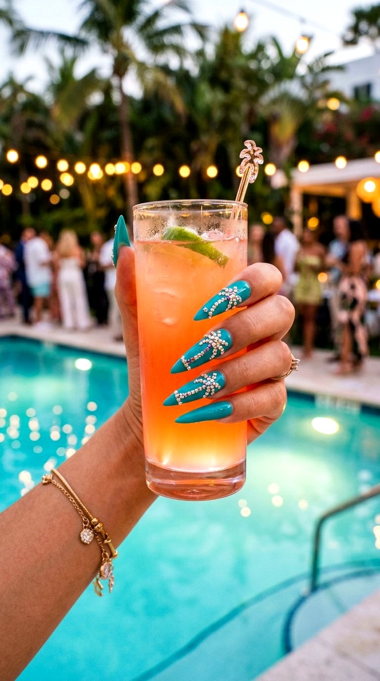 Rhinestone Palm Tree Silhouettes - 20 Summer Acrylic Nail Art Ideas
