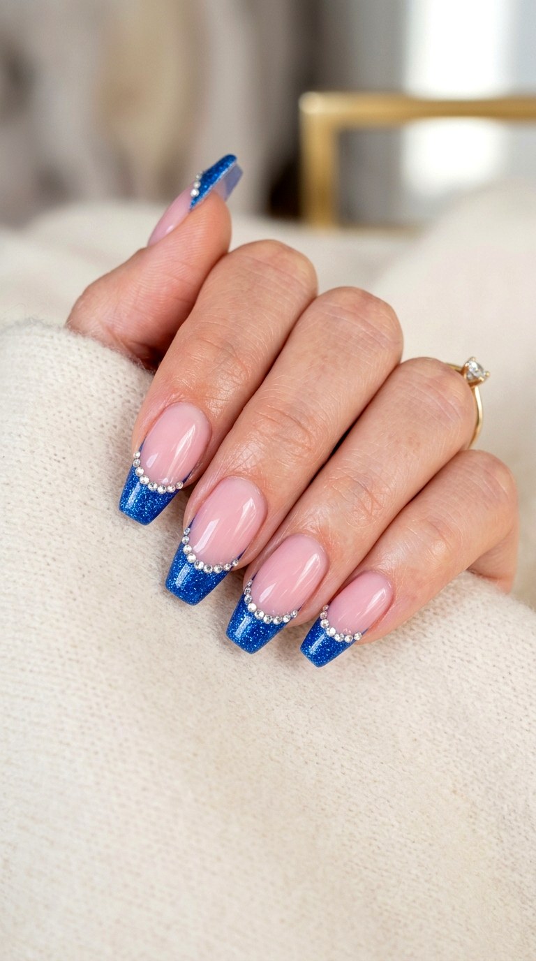 Rhinestone Pink and Blue French Nails - 23 pink and blue french tip nails