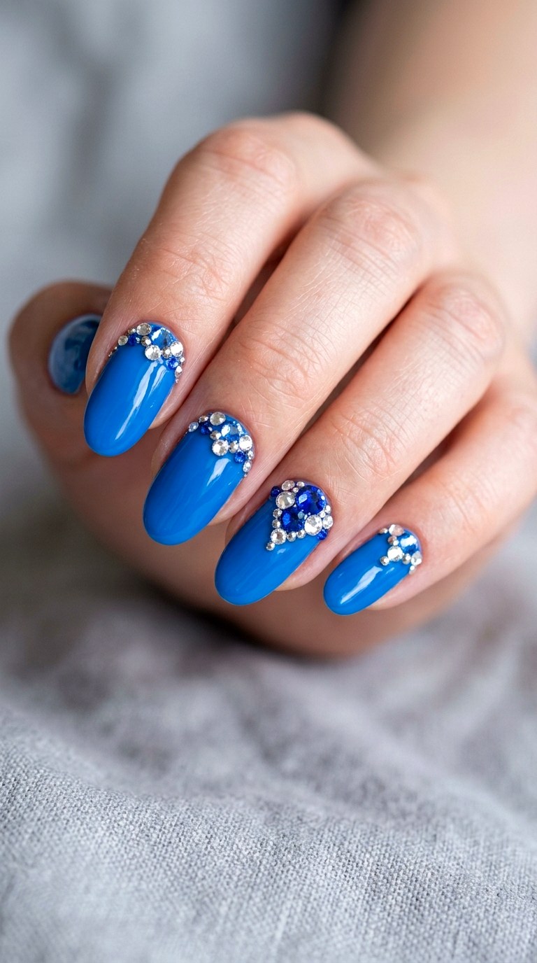 Rhinestone Studded Bright Blue Nails - 22 bright blue nails