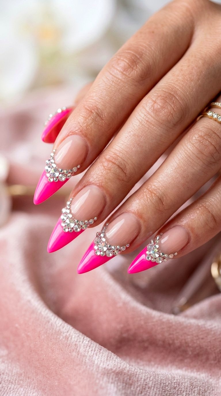 Rhinestone Studded Bright Pink French Tip Nails - 21 bright pink french tip nails